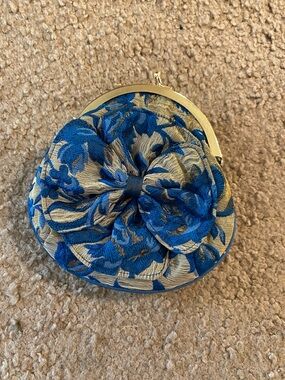 La Regale Blue and Gold Floral Brocade Mini Bag with Rosette